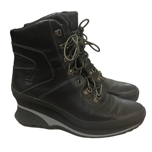 Timberland Black Leather Wedge Boots Lace Up Moto Ankle Boot Womens 8.5 - Picture 1 of 8